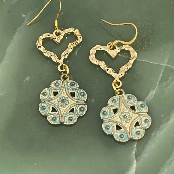 Gold and Turquoise Heart Drop Earrings - Picture 2 of 3